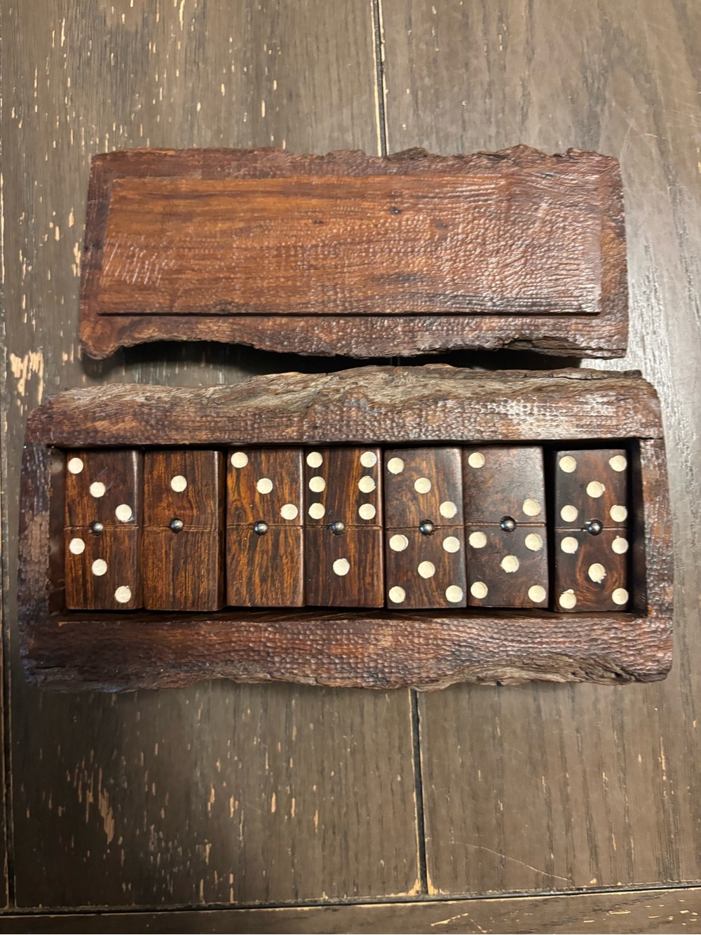 Handcrafted Wooden Domino Set in Dark Brown with Rustic Case double sixes